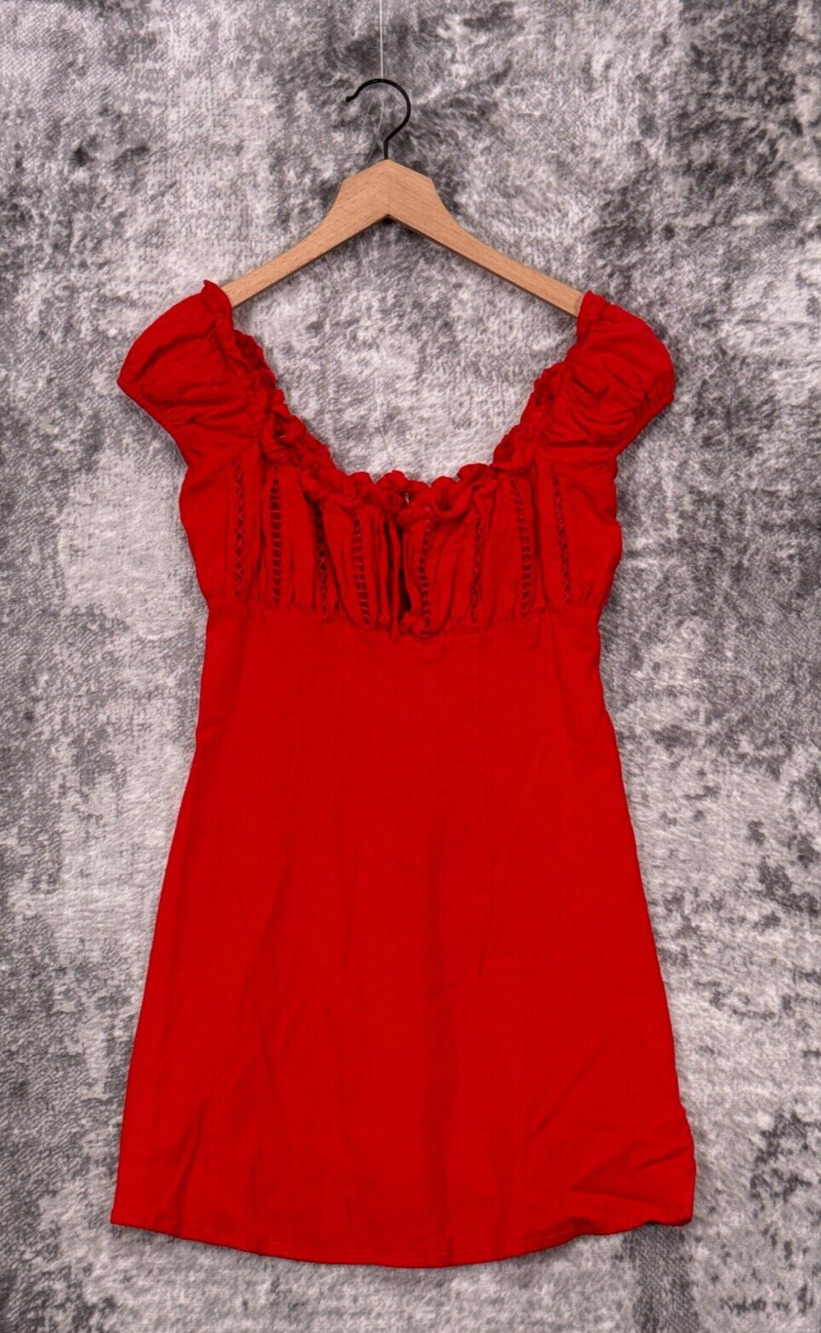 Free People Dress 6 Womens Red Puff Shoulder Corset Top A Line Mini